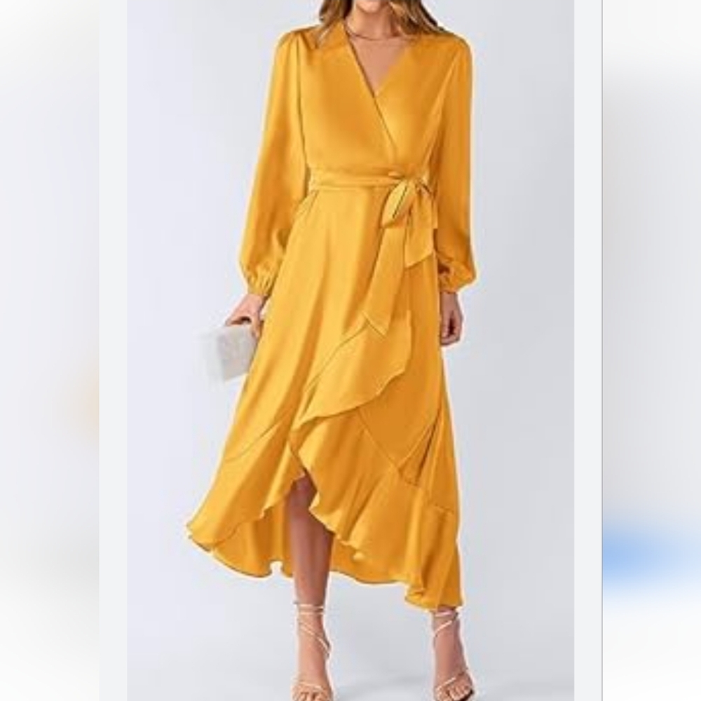 Mustard yellow wrap midi dress
